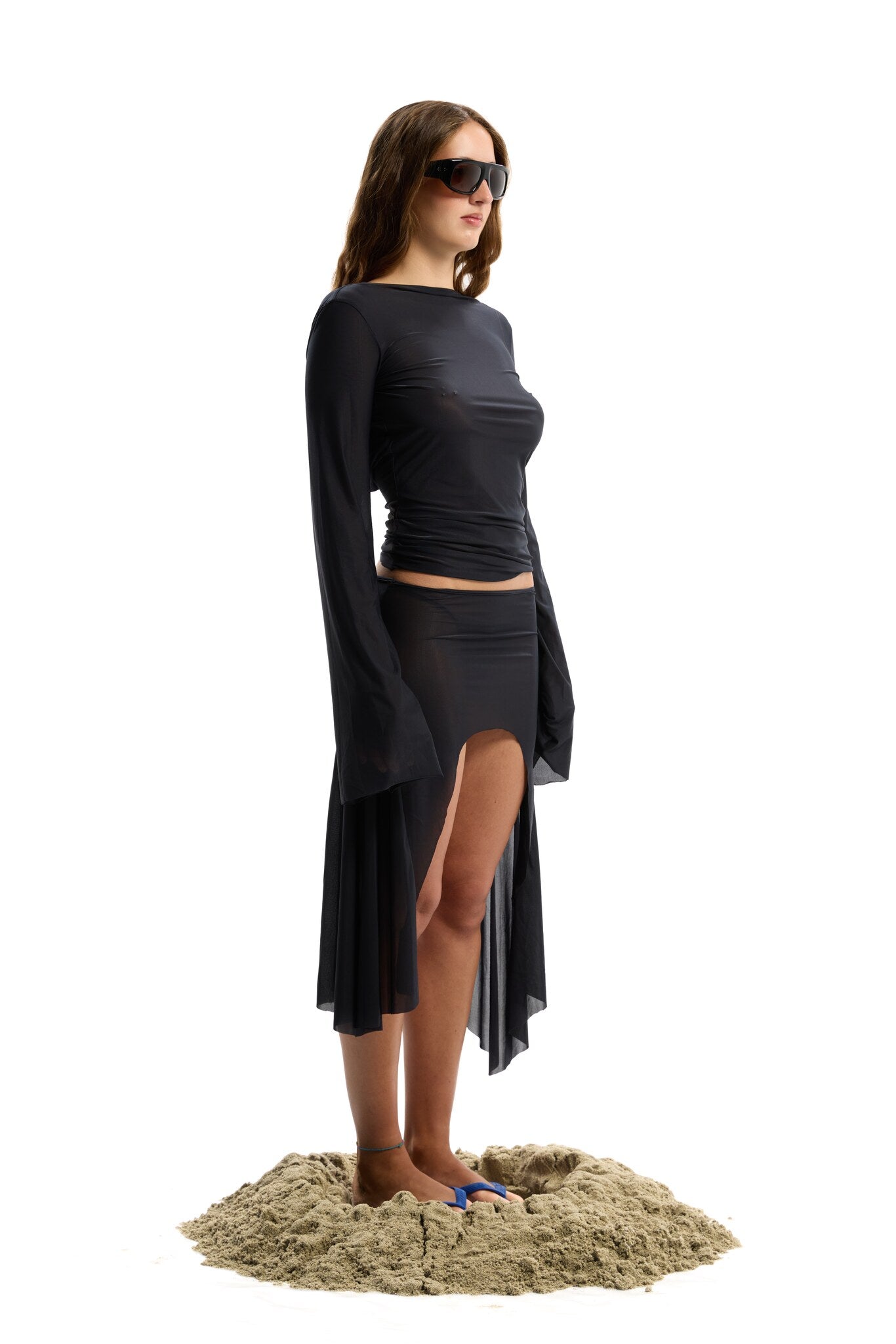 V BACK MINI SKIRT BLACK SEMI TRANSPARENT